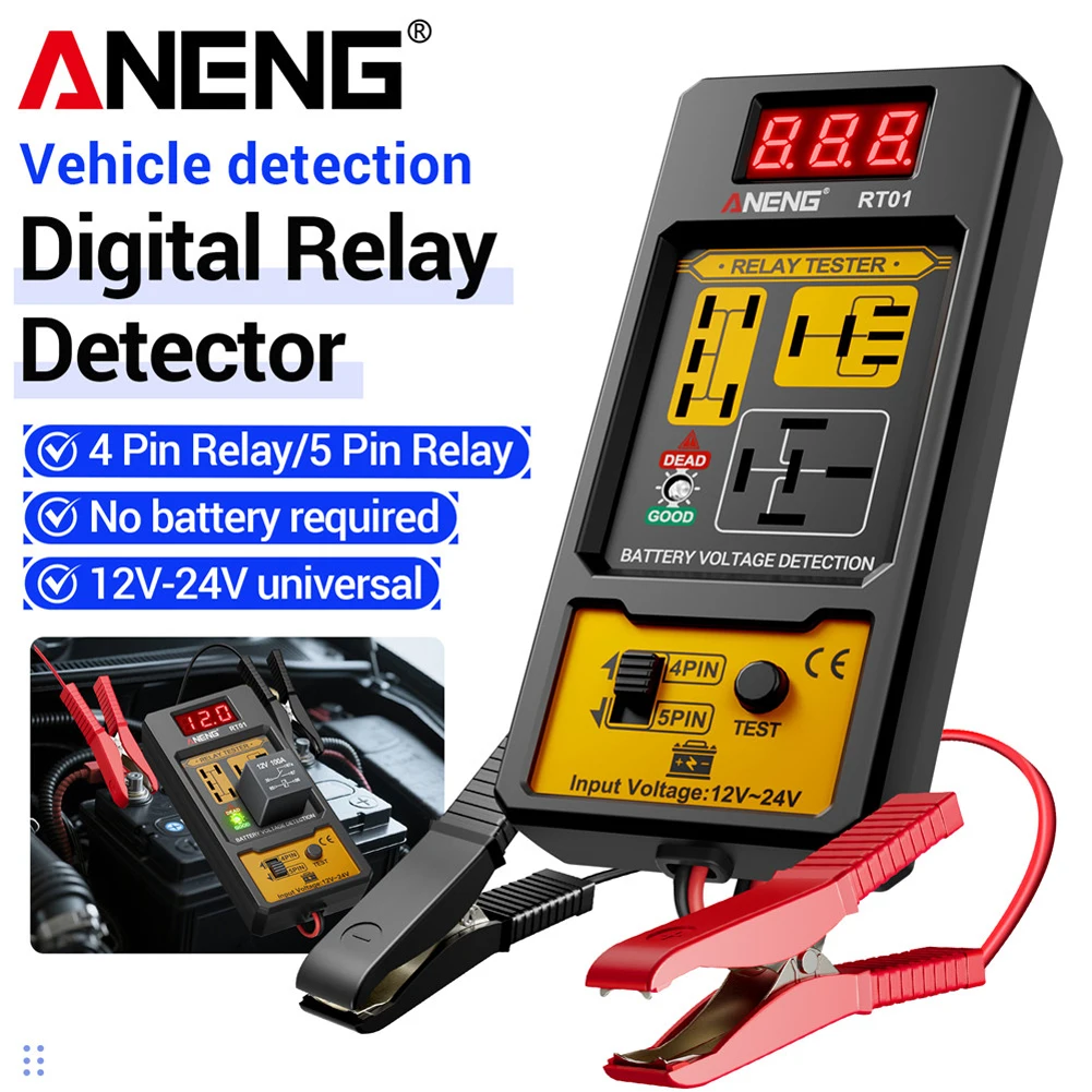ANENG 12-24V Relais-Detektor RT01 Digitaler Universeller 4/5-Pin Autobatterie-Fahrzeugdetektor mit Digitalanzeige Spannungsbatterietester Image