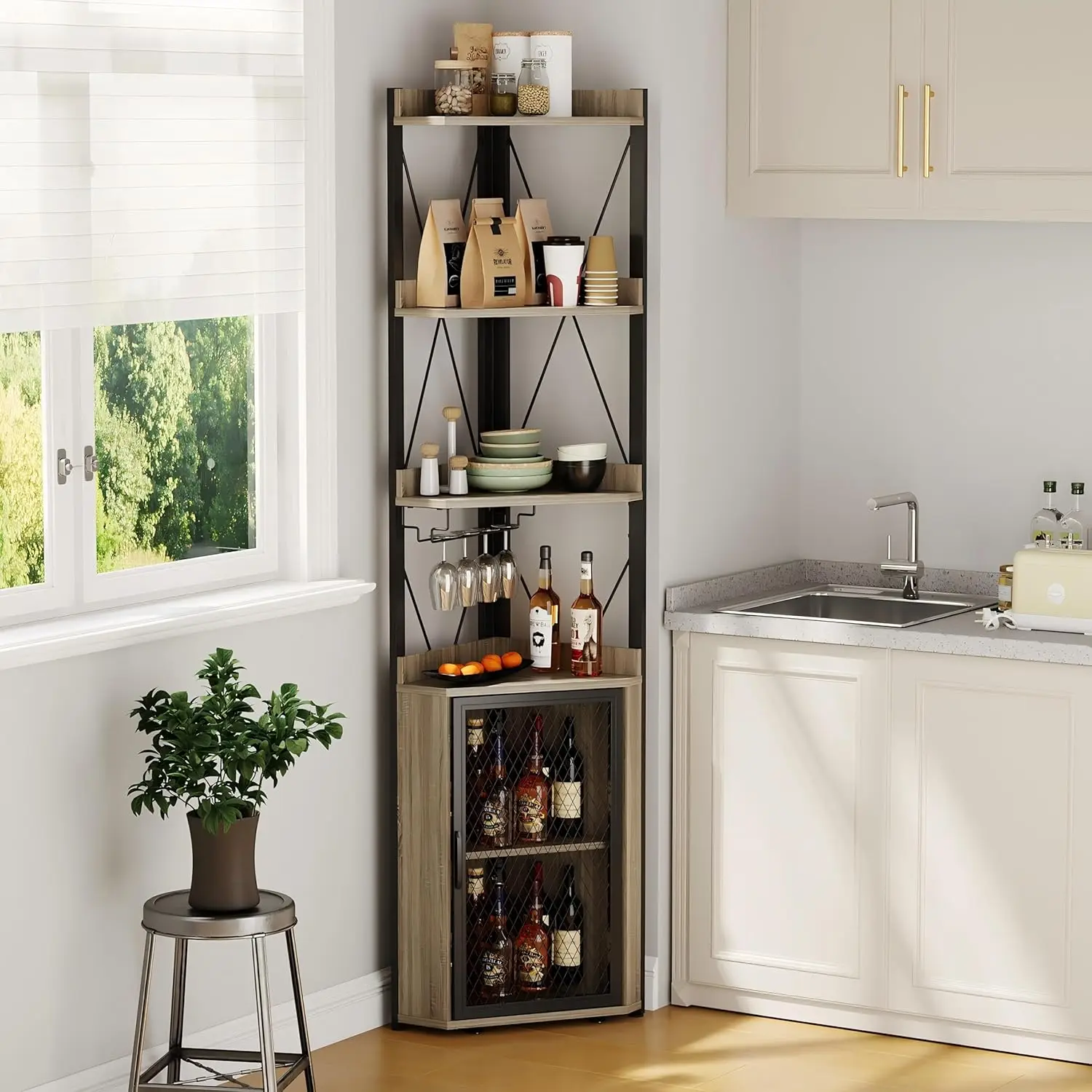 69 Zoll hoher Vintage-Eckbarschrank mit 5-stufigem Weinregal – Industrielles freistehendes Getränkeschrank-Sideboard – Glashalter, verstellbar