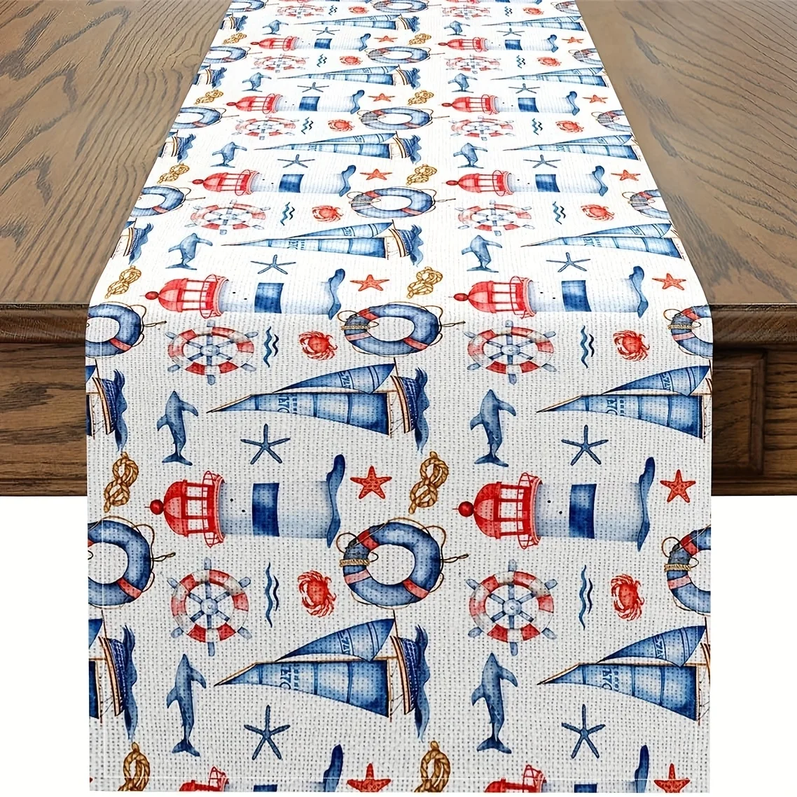 Tischläufer aus nautischem Leinen – Blau-Rot-Leuchtturm-Segelboot-Wal-Design, Küstendekoration für Kinder, Mahlzeiten/Partys Image