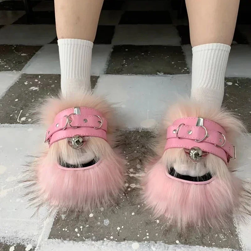 Rosa Pelz-Flip-Flop, dicker Boden, Gürtelschnalle, Hausschuhe, Sommer für Damen, 2026, schwarze Plattform, Punk-Stil, modische Schuhe für Damen