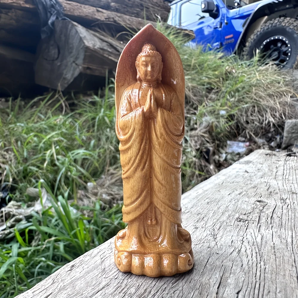 3,8 Zoll große stehende Buddha-Statue aus Holz, handgeschnitzt, Zen-Stil, geeignet für Wohnzimmerdekoration, Büro, Teetischdekoration, Schlafzimmerdekoration, Autodekoration, Einweihungsgeschenk.