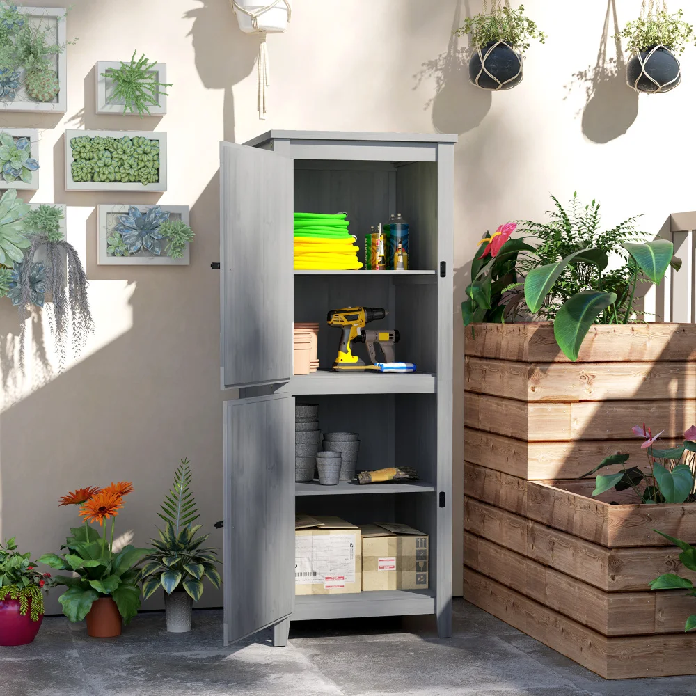 Armoire de jardin en bois, abri à outils résistant aux intempéries, 60x60x160cm, abri à outils avec double porte, étagères, armoire à outils verrouillable, abri de jardin pour jardin, terrasse, gris