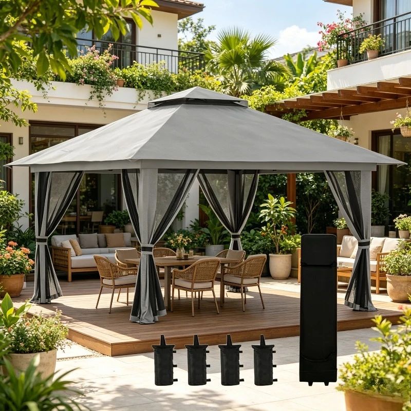 Faltbarer Gartenpavillon mit Schnellaufbau, 4x4 Meter, Doppel-Dach und belüfteten Netzseitenwänden, verstärkter Sonnenschutz, dunkelgraue Farbe, inklusive Tragetasche, ideal für Terrassen, Gärten und