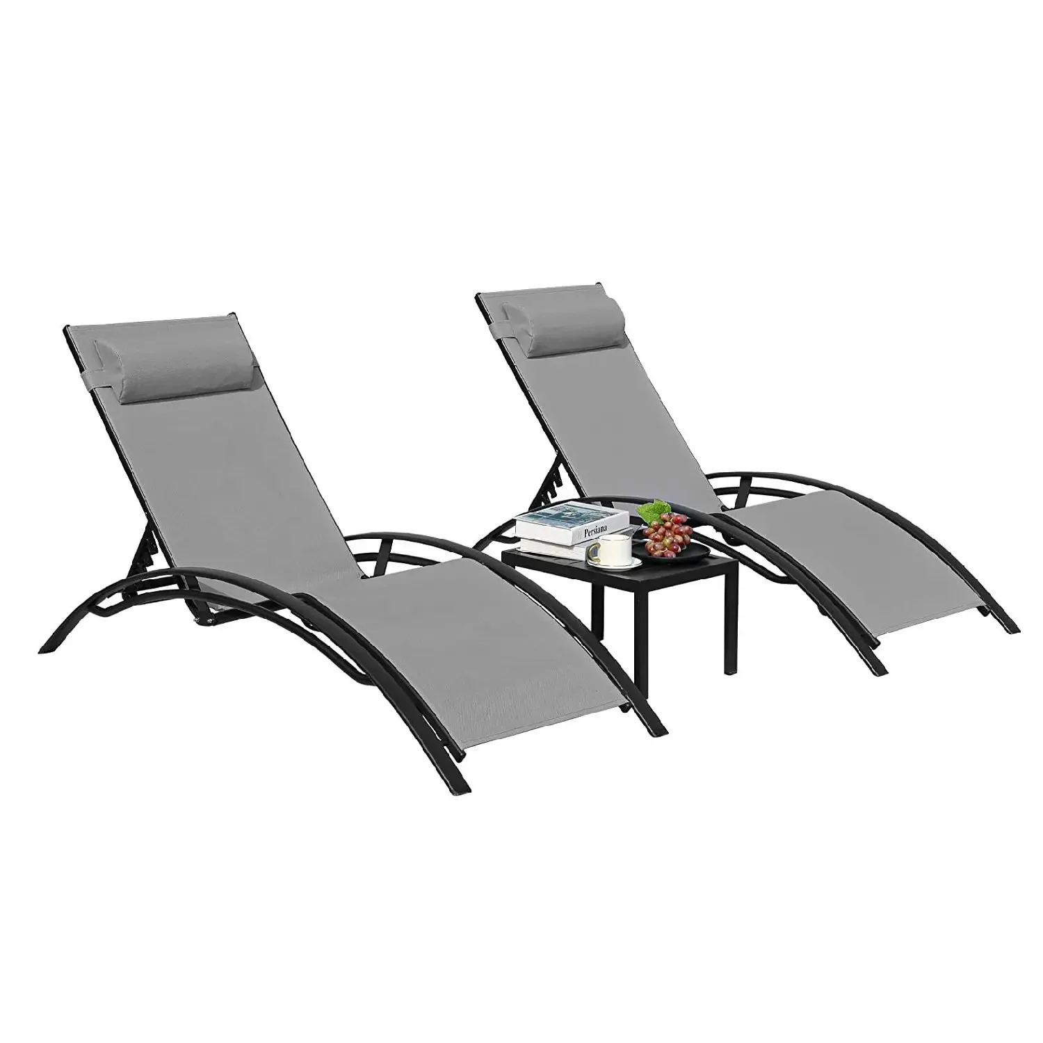 Aluminium Lounge Chair für draußen mit 5 verstellbaren Positionen Tisch 3 Stück Chaiselongue für Pool, Garten, Strand, Camping, Garten