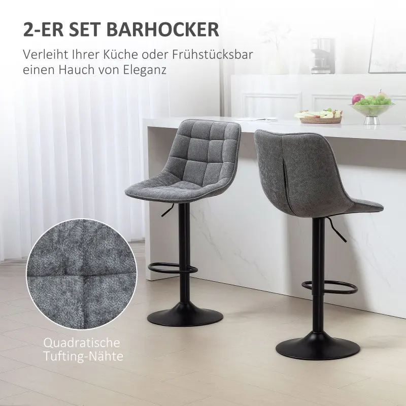 Barhocker-Set mit 2 Stück, gepolsterte Barstühle mit Rückenlehne, Stahlgestell, Chenille-Optik, höhenverstellbare Küchenstühle mit Fußstütze, 360° drehbar ° Drehbare Thekenhocker für Küche, Wohnzimmer, dunkelgrau