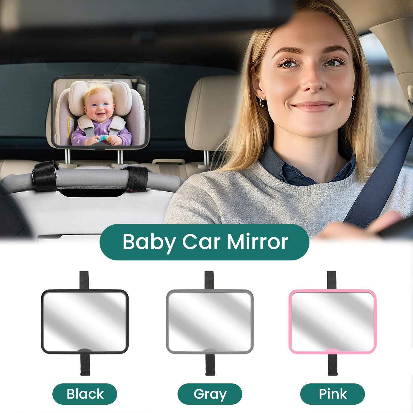Weitwinkel-Konvex-Babyautospiegel, bruchsicher, kratzfest, Sicherheits-Rückspiegel für rückwärtsgerichtete Babyautositze, universell passend Image