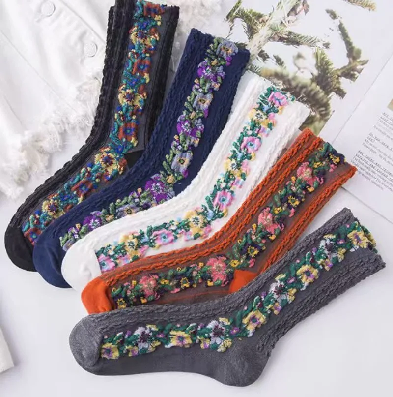 5 paar Neue Frühling Herbst Casual Bequeme frauen Socken Retro Einfache Mitte rohr Socken Mode Vielseitige Floral frauen Socken Image