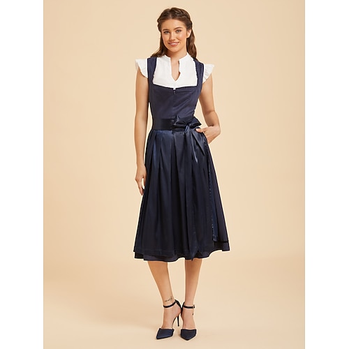 Oktoberfest Robe Dirndl Longueur midi Tablier aspect satiné avec poches Décolleté balconnet Femme de ménage Bavarois Allemand Alpin Prairies Femmes Carnaval Fête de la Bière Tissu de style