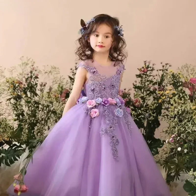 Robe de mariage à fleurs pour filles, décolleté transparent, en Tulle brodé à fleurs, avec des appliques de fleurs 3D, pour fête d