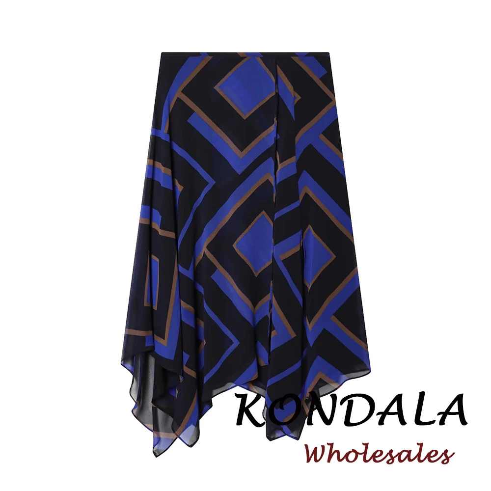 KONDALA Vintage Asymmetrischer Geometrischer Moderner Mehrstufiger Party-Maxirock – Frühjahr 2026 – Blau – Eleganter High-Street-Damenrock