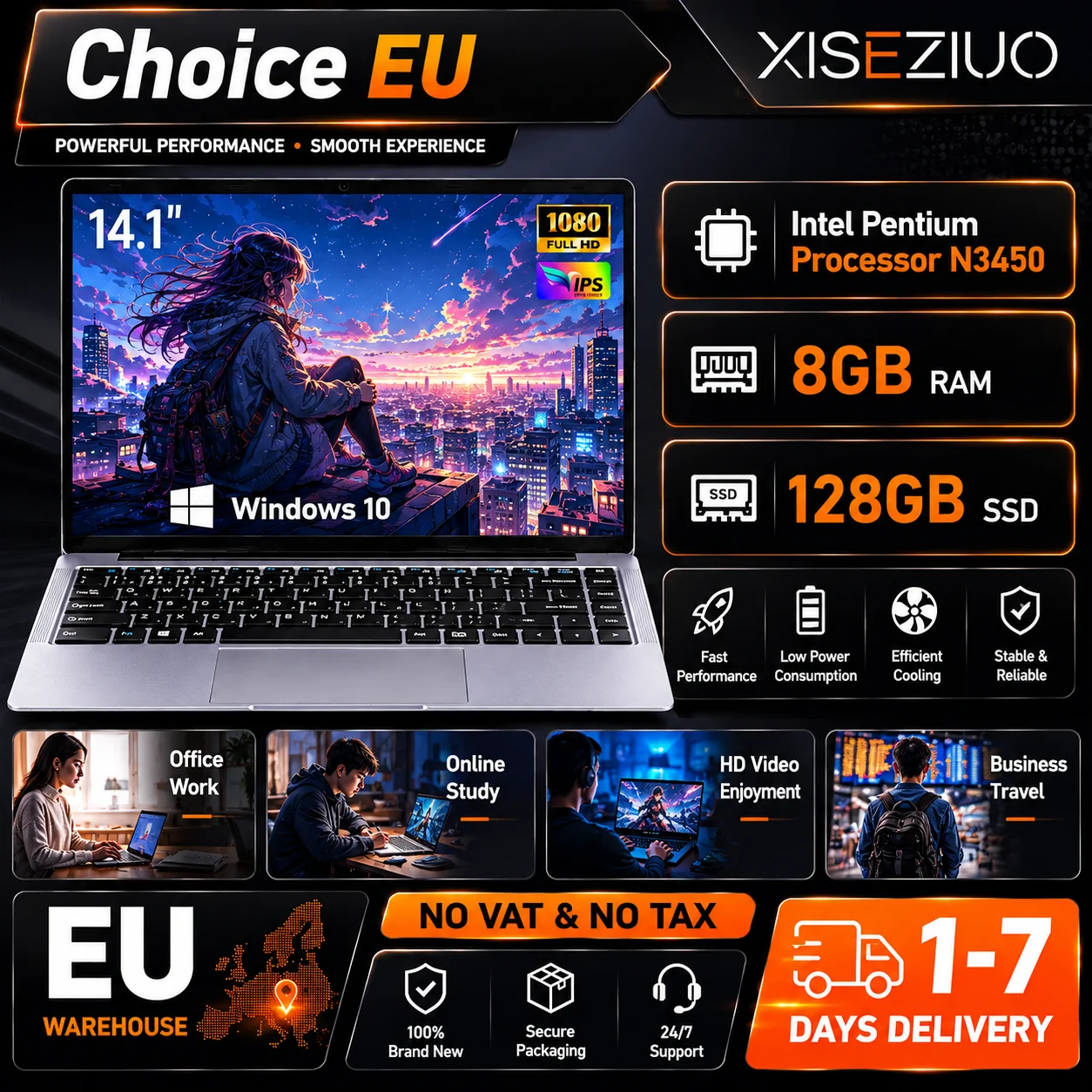 Ordinateur Portable 14,1 Pouces FHD IPS Windows 11, Intel Celeron N3450, 8Go RAM 128Go SSD, PC Portable Léger avec WiFi 2.4G Bluetooth 4.2, Webcam HD, Mini HDMI, USB 3.0, Clavier AZERTY, Livraison Rapide depuis Entrepôt FR, Sans TVA