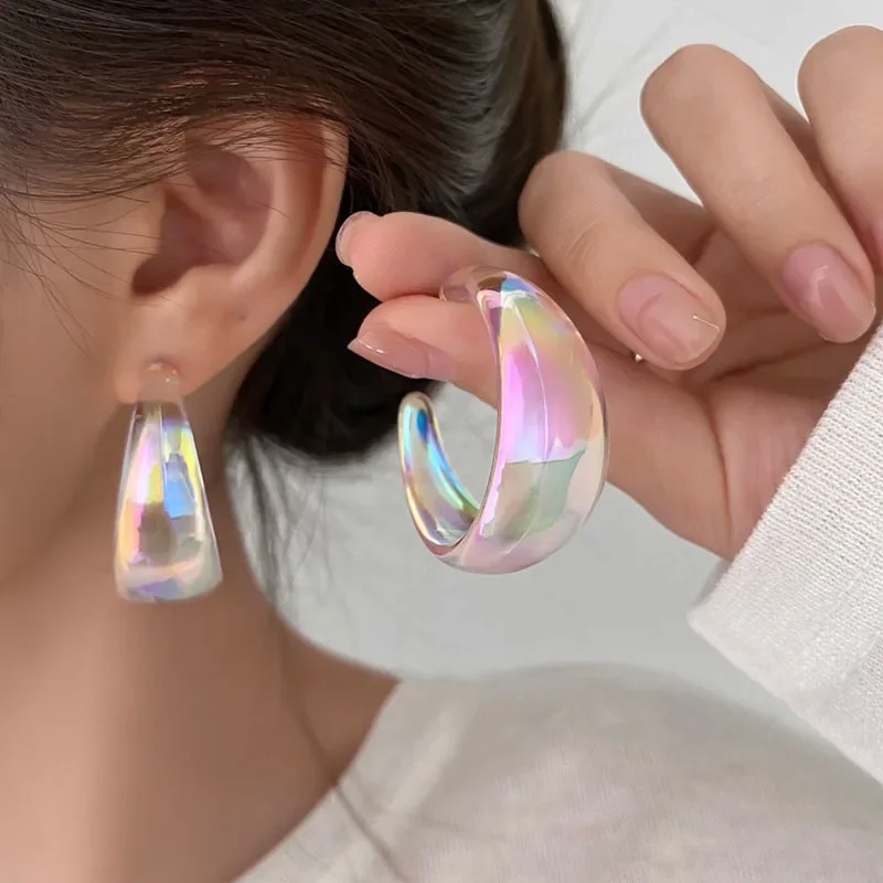 Mode Koreanische AB Farben Breite C-Typ Hoop Ohrring Frauen Vintage Unregelmäßige Baumeln Ohrringe Für Weibliche Partei Schmuck Image