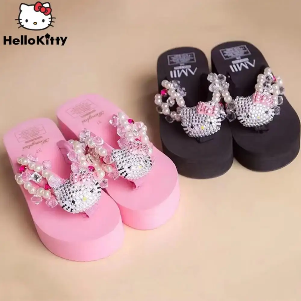 Sanrio Y2K Hello Kitty Weiche Flip-Flop-Sandalen, Strand-Slides, Schuhe für Damen, lässige Keilabsatz-High-Heels, Plateau-Slipper, Damengeschenk