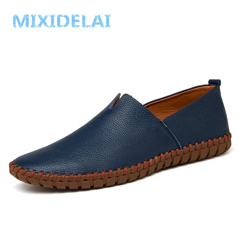 MIXIDELAI Herren-Loafer aus echtem Rindsleder, modische handgefertigte Mokassins, weiches Leder, blauer Slip-On-Herren-Bootsschuh, Übergröße 38–47 Image