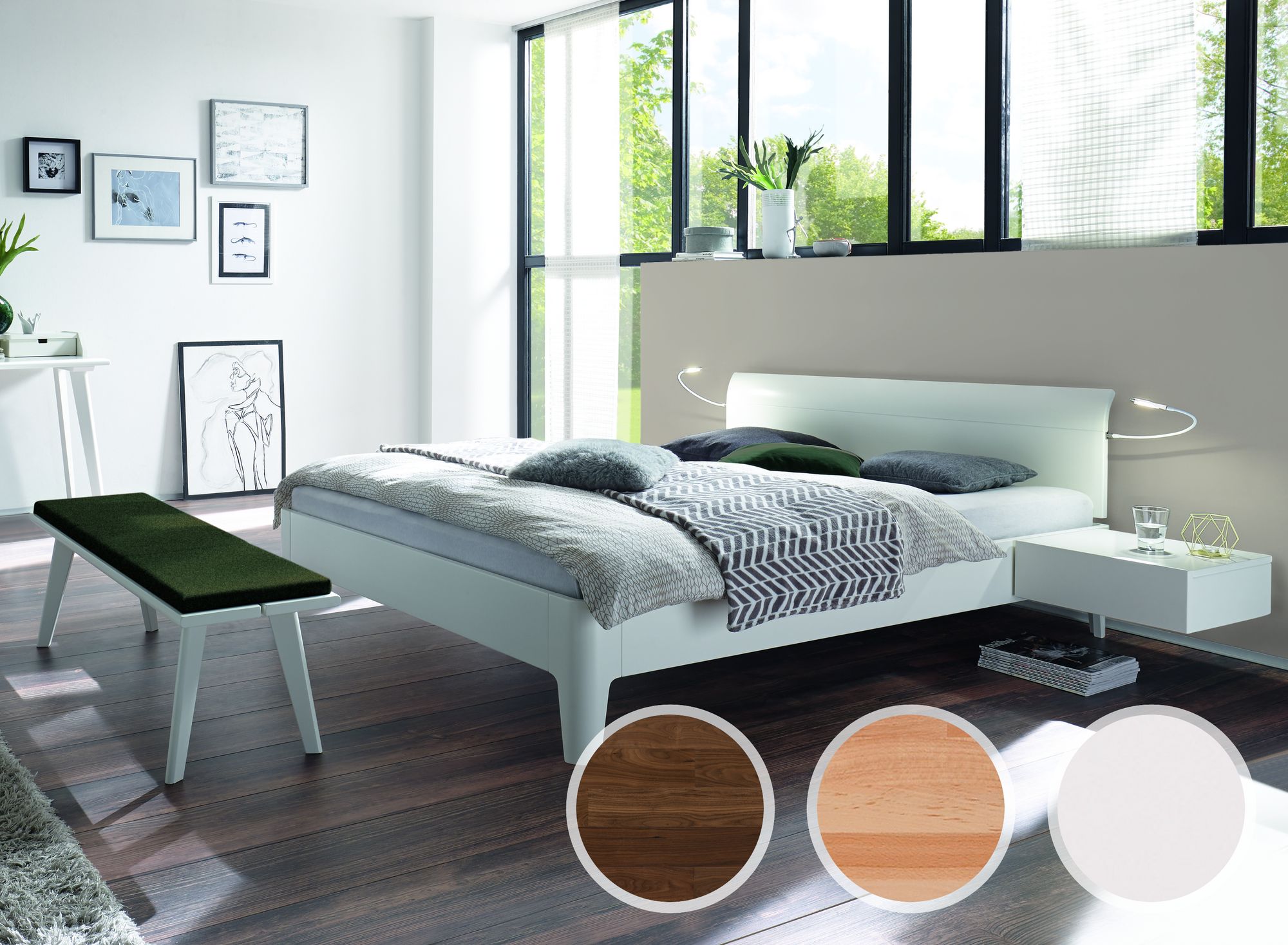 Hasena Fine-Line Designerbett Syma 18 Xylo/Vola 140x210 cm / MDF weiss deckend, lackiert / Kopfteil Buche weiss deckend, lackiert / Füße Nussbaum,