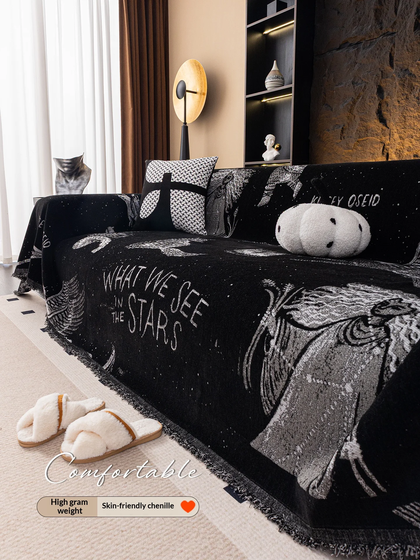 Wohnzimmer-Sofabezüge Schwarz 3-Sitzer und 2-Sitzer Sofadecke Ästhetische Beidseitig Nutzbare Sofatücher Plüsch Rutschfest Image