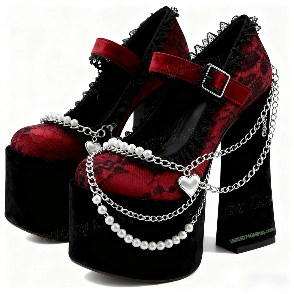 Rot Samt Perle Kette Dekor Plattform Pumpen Blockabsatz Schnalle Runde Kappe Hohe Schuhe für Frauen Heels Schuhe Zapatos Para Mujere