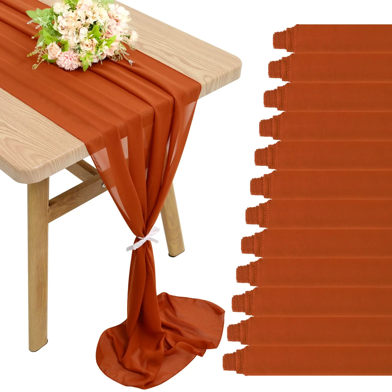 12 Stück Terrakotta-Chiffon-Hochzeitstischläufer, Tischdekoration, Gaze, durchsichtig, Vintage, Weihnachten, Esszimmer, Geburtstag, Party, Tischdekoration Image