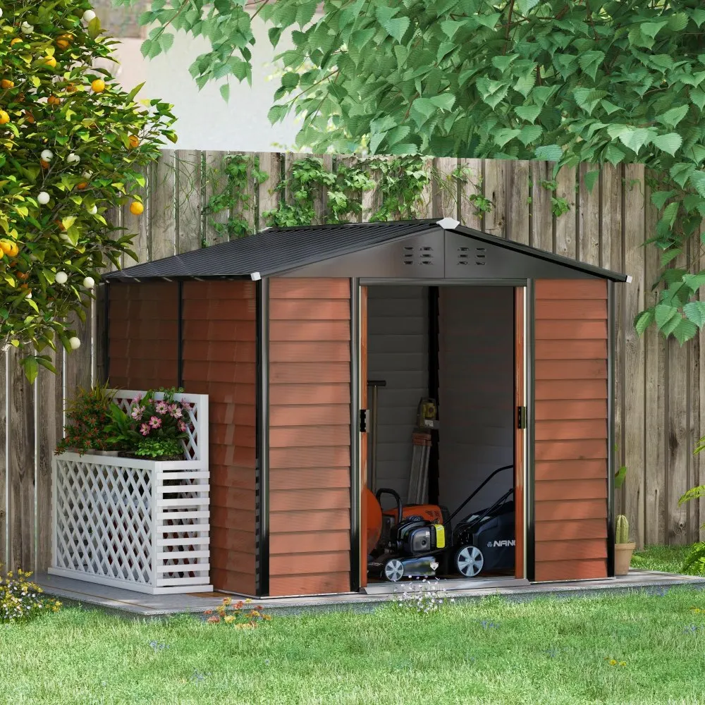 Abri de jardin Outsunny 4,4 m², maisonnette de jardin avec toit à pignon, porte coulissante, fondation, 240 x 206 x 198 cm, abri en acier galvanisé, résistant aux intempéries, pour jardin, teck