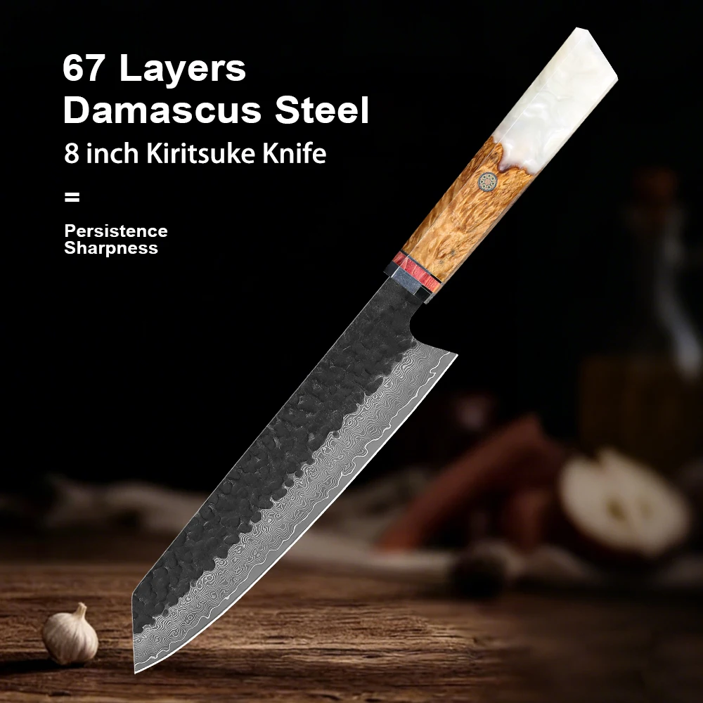 8 Zoll Profi-Kochmesser, handgefertigt aus Damaszener Stahl, japanisches Kiritsuke-Messer, Griff aus Harzholz, für Fleisch und Gemüse Image