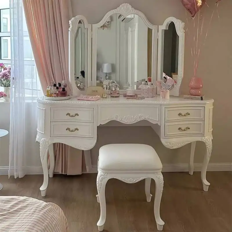 Luxus-Schminktisch aus Holz, europäischer, versteckter Glas-moderner Schminktisch, weiß, sparende Make-up-Tafel-Möbel für Schlafzimmer