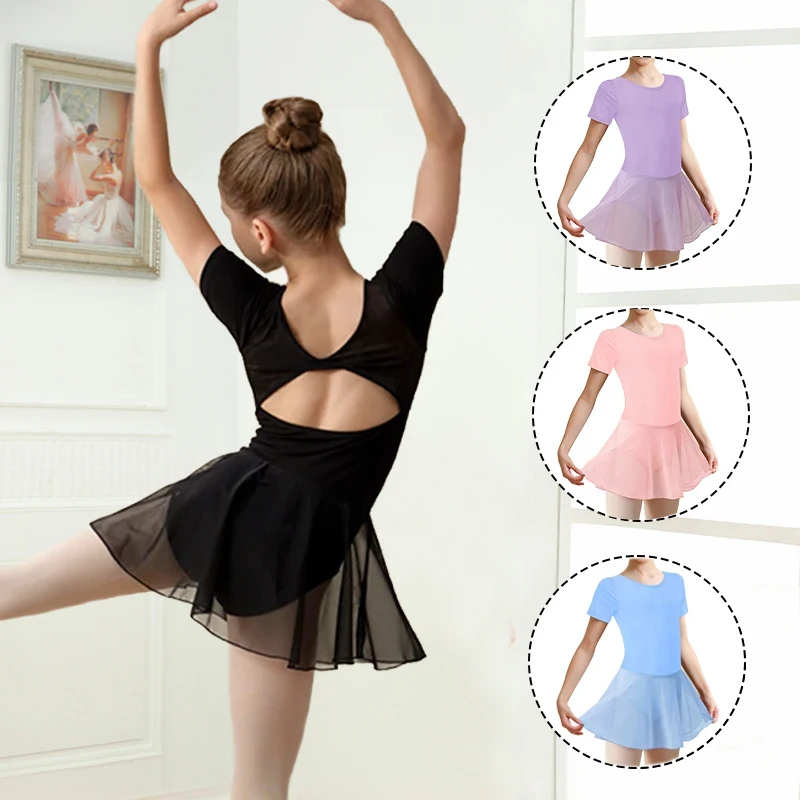 Justaucorps de Ballet à manches courtes pour filles, jupe de danse en maille pour enfants en bas âge, vêtements de danse avec nœud papillon au dos pour spectacle de danse