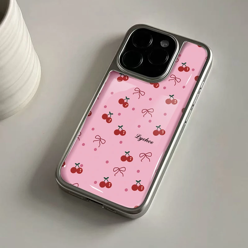 Ins rosa süße Kirschschschleife Hydrogel-Rückplatte Silberrand stoßfeste Handyhülle für iPhone 17 16 15 14 Pro Max Image