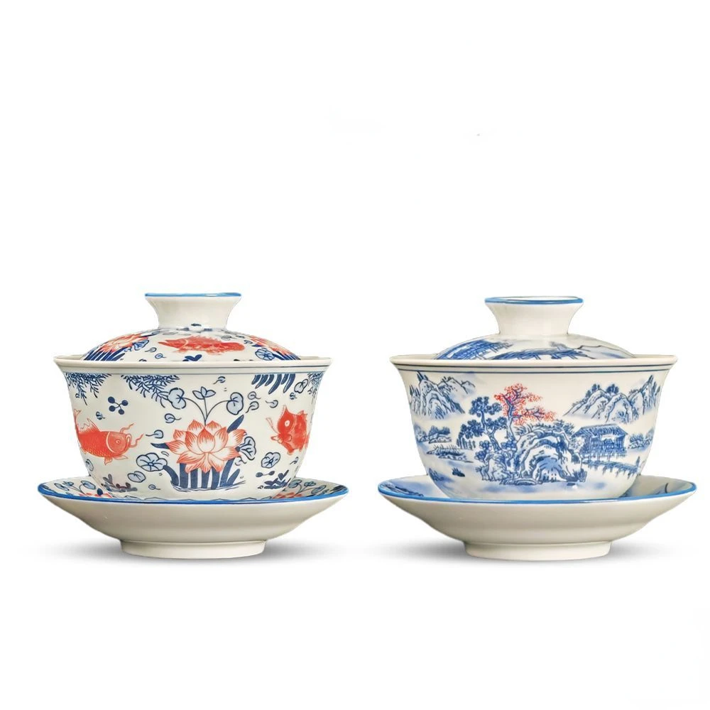 Jingdezhen-Blue and White Ceramic Teacups, Gaiwan, Household Tea Making Tureen, High End Tea Bowl, Teapot and Cups, Porcelain