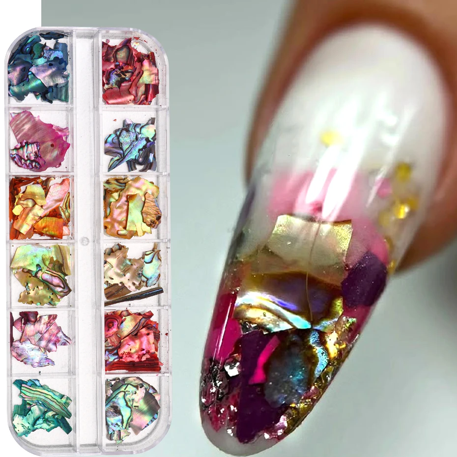 12Grid Unregelmäßige Glitter Abalone Shell Flocken Für Nail art Dekoration 3D Charms Sommer Scheiben DIY Maniküre Paillette Zubehör Image