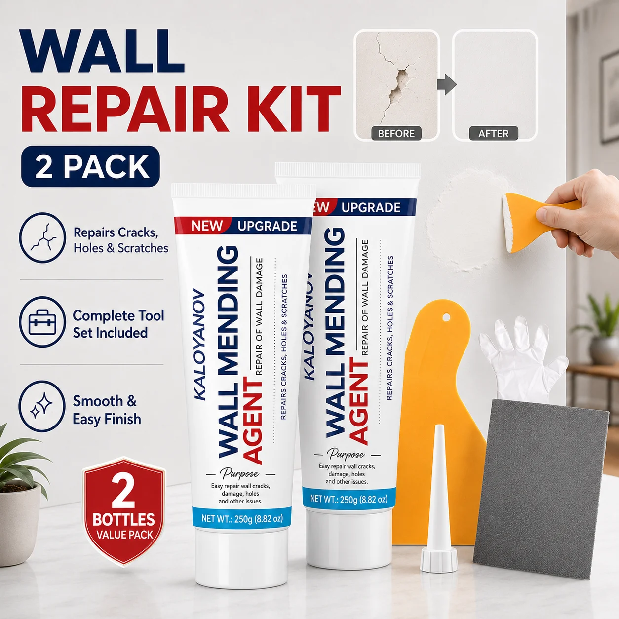 Spackle Wandreparatur-Set 250g, Trockenbau-Reparaturmasse mit Schaber, Handschuh, Düsenverlängerung, Schleifblatt für Risse & Löcher Image