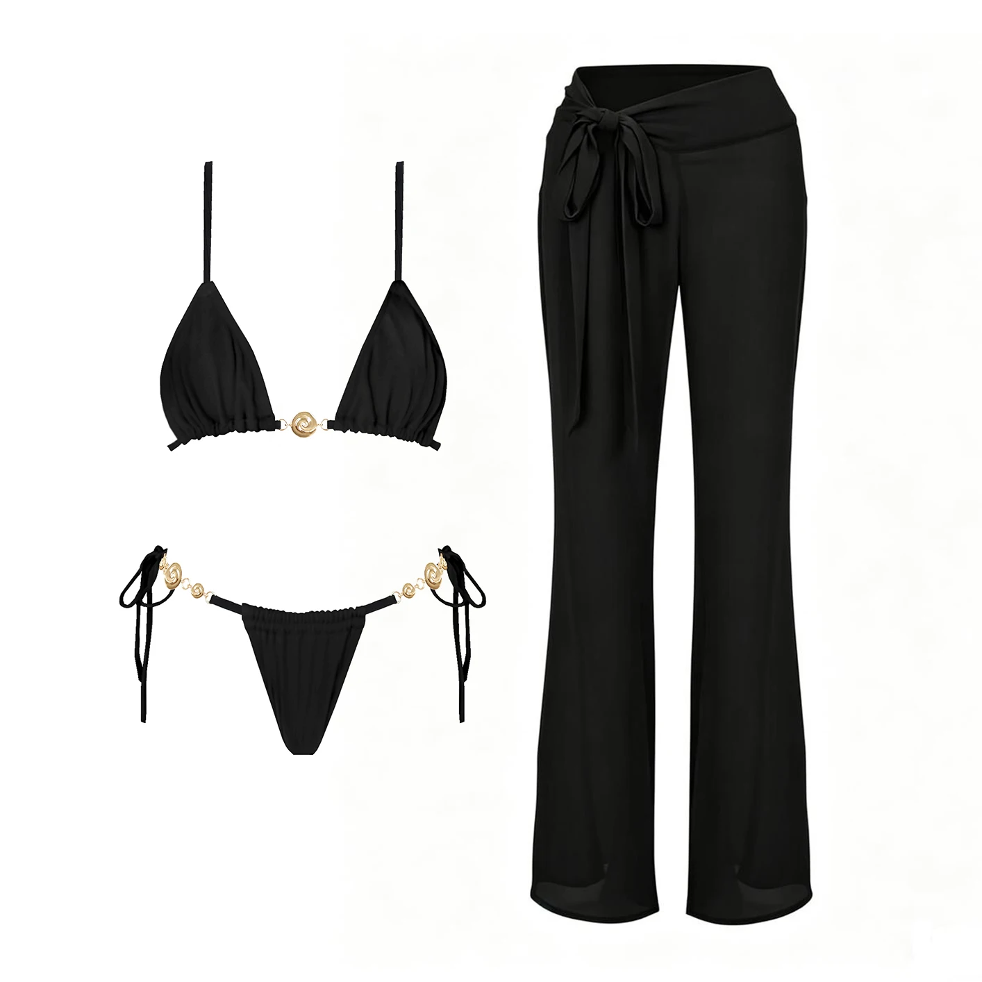 Schwarzer 3-teiliger Bikini mit Knöpfen, sexy Badeanzug für Damen, neue Bademode 2026, Spitzenrock, Push-up-Badeanzug, Bandeau-Bikini, Strandmode Image