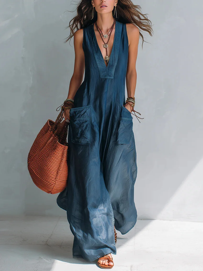 Sommer Ärmelloser Baumwoll-Leinen-Jumpsuit für Damen V-Ausschnitt Lose Weite Hose Doppeltaschen-Jumpsuit Lässiger Pendler-Bodysuit Image