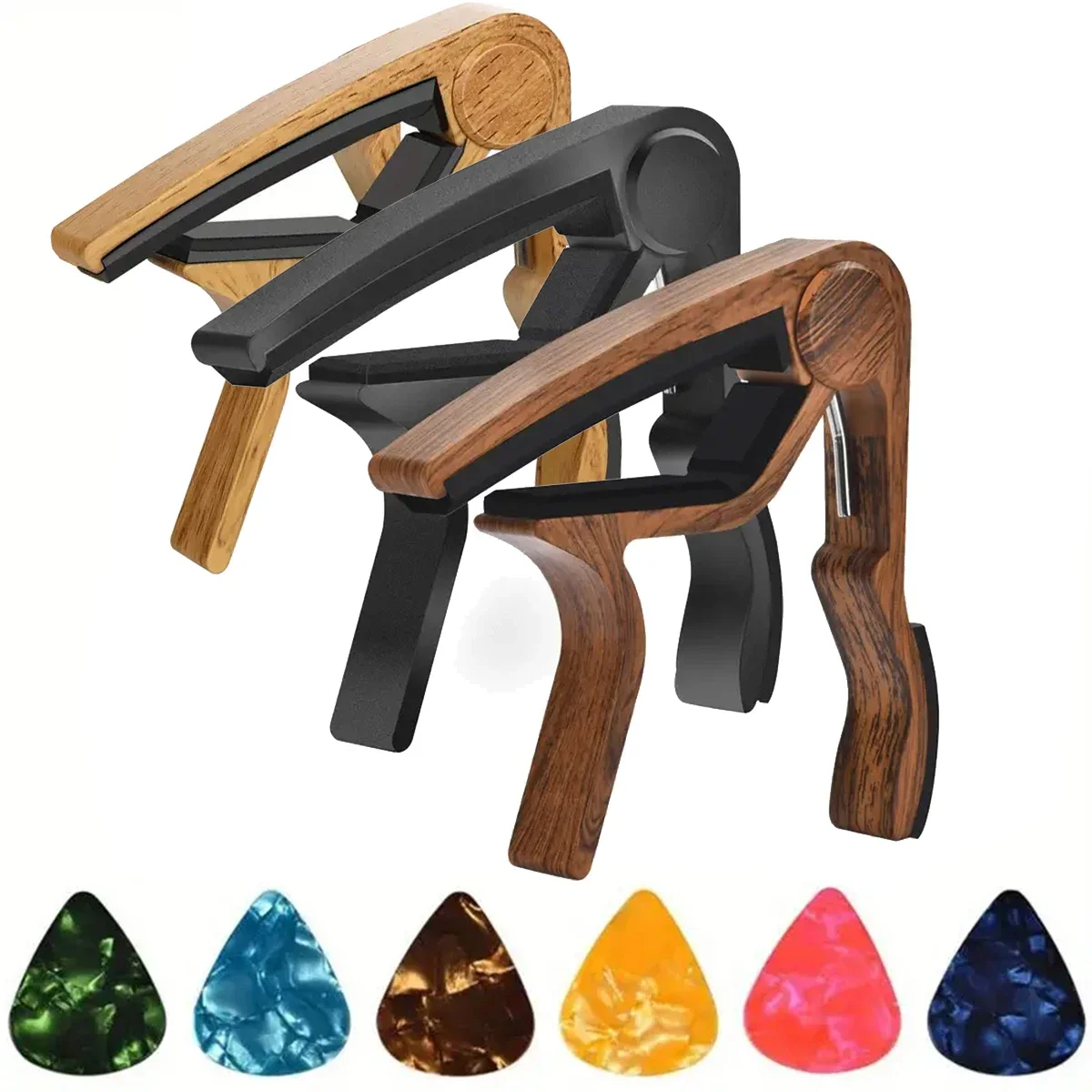Hochwertiger Gitarren-Kapodaster aus Zinklegierung mit 5 Zelluloid-Plektren (zufällige Farben) – passend für Akustik-, Elektro-, Klassik- und Ukulele Image