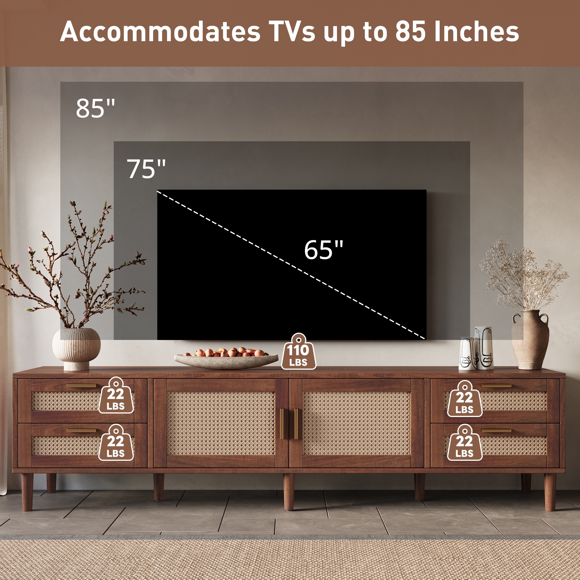 Dark Brown TV Cabinet with 4 Drawers, Mid-Century Modern Woven Rattan Doors TV Stand for TVs up to 85"