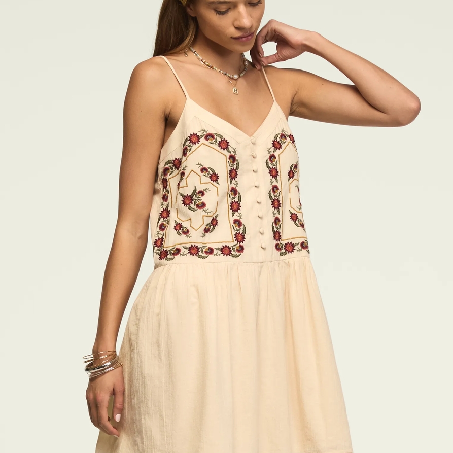 Lucky Brand Contrast Embroidered Button Front Mini Dress - Women's Clothing Dresses Mini Dress in Gardenia, Size 2XL