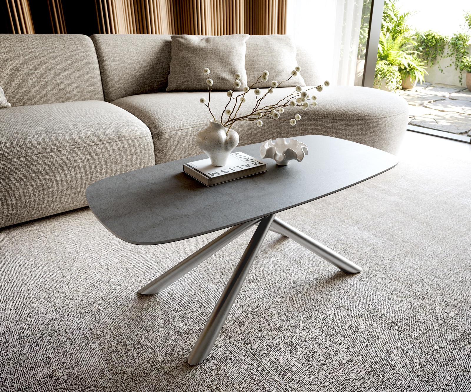 DELIFE Couchtisch Edge Boot 100x50 cm Keramik Beton Grau Sarity Edelstahl gebürstet, Couchtische