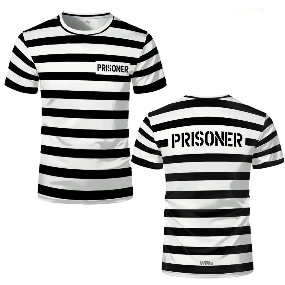 2026 Neues Gestreiftes Gefangenen-T-Shirt Schwarz-Weiß Gefängnisthema Lustiges und Neuartiges Kurzarm-Shirt für Männer und Frauen Party-Cosplay-Kostüme Image