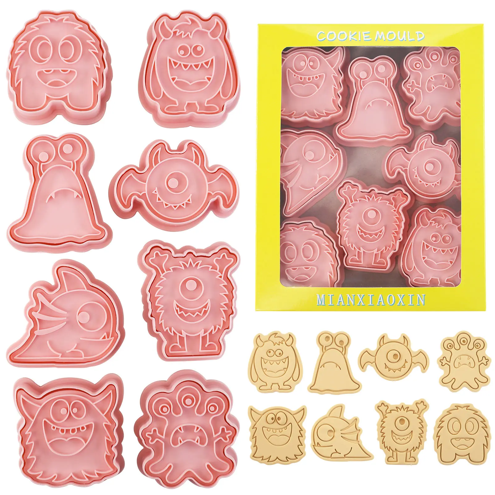 8 Stück Keksformen aus Monsterkreatur, 3D-plätzchenformen in niedlicher Cartoon-Charakterform für Halloween, Geburtstagsparty-Dekorationen Image