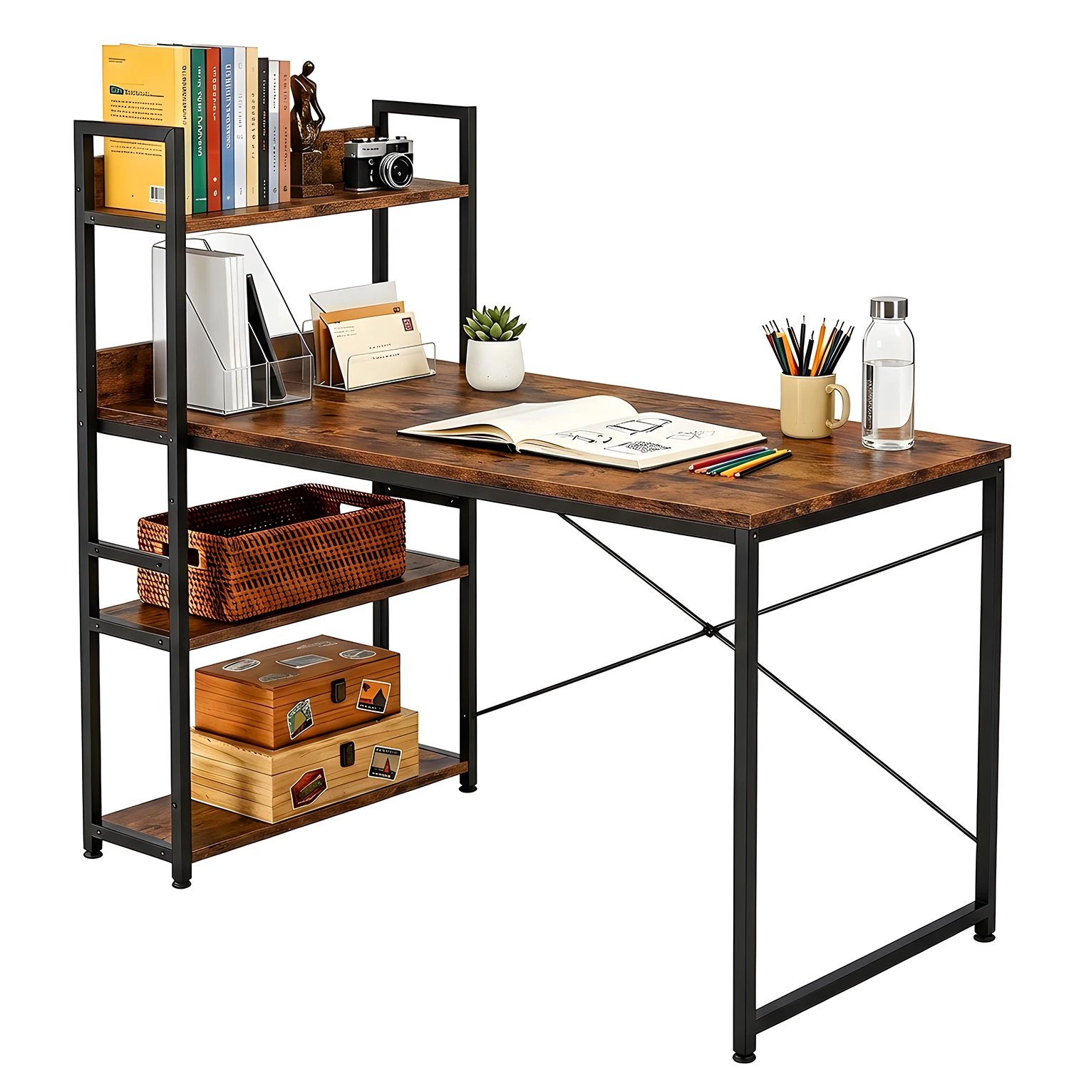 Bürotisch mit seitlichem Regal – 120×120×60 cm, höhenverstellbare Bodenschoner, Computertisch für Homeoffice & Gaming, stabile Ablagefläche, belastbar bis 150 kg – einfache Montage