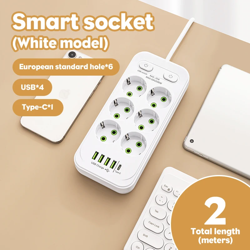1pc EU Stecker AC Outlet Multitap Power Streifen 2m Verlängerung Kabel Steckdose USB Home Office Überspannungsschutz netzwerk Filter Image
