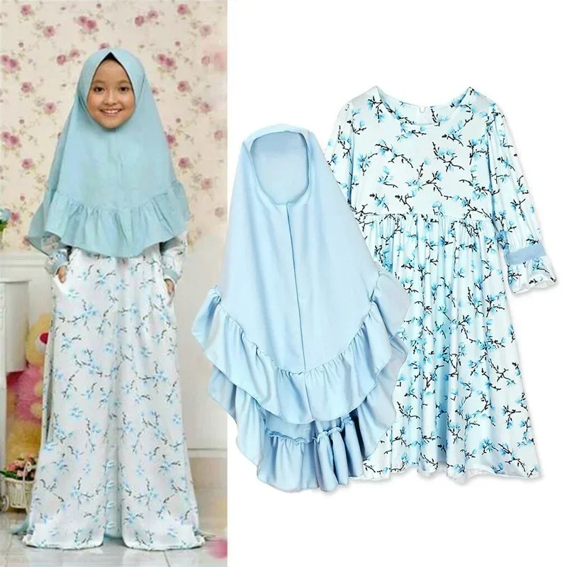 2-teiliges neues Abaya und Hijab für Kinder, Mädchen, muslimisches Blumen-Gebetskleid, Kopftuch, islamische Kinder, Eid-Party-Robe, Dubai, Khimar-Set Image