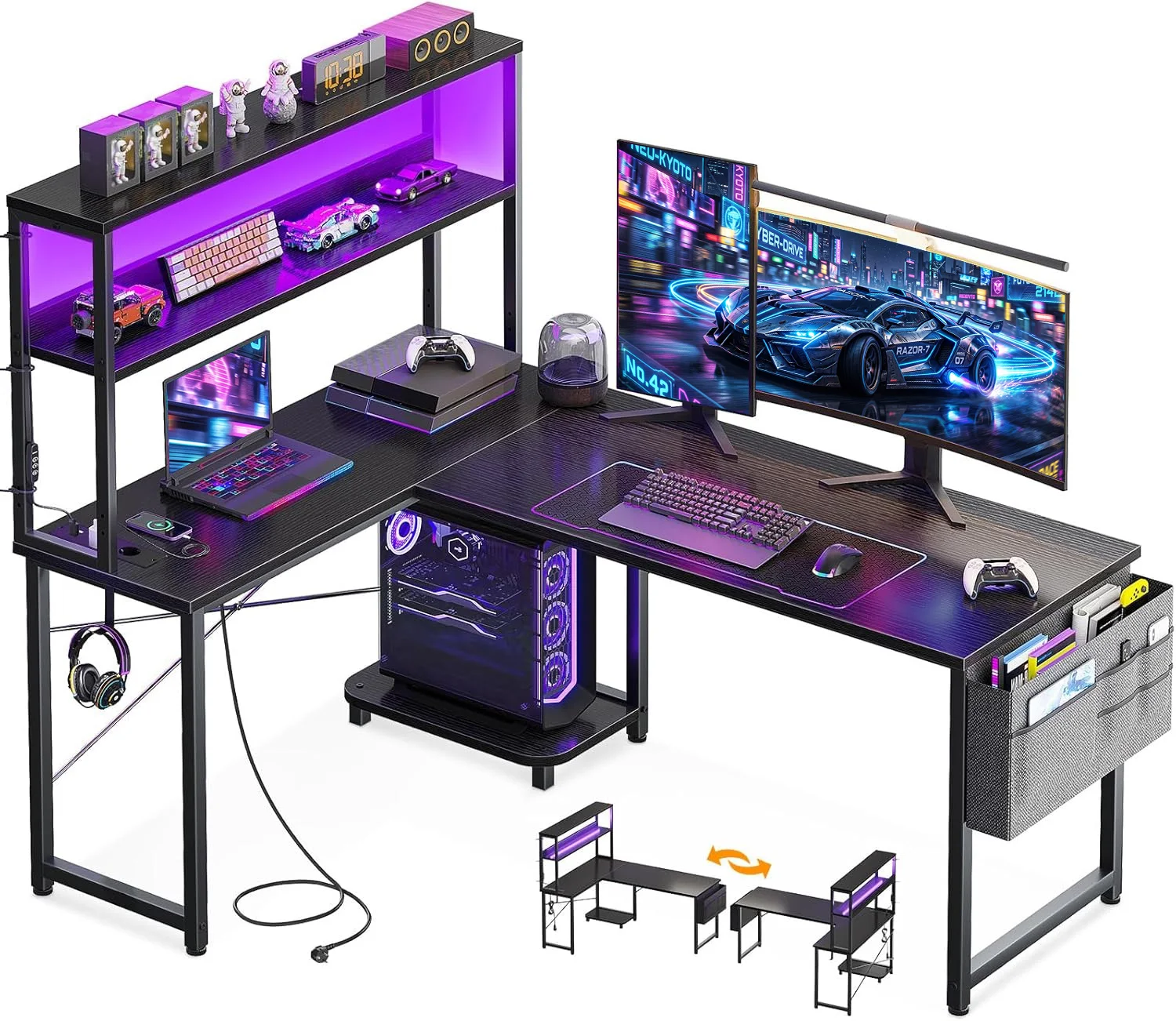 Coleshome Gaming Schreibtisch mit Steckdose & Stofftasche, Eckschreibtisch mit Stauraum, Reversibel, für Wohnzimmer & Gamer，135×100 cm, Schwarz