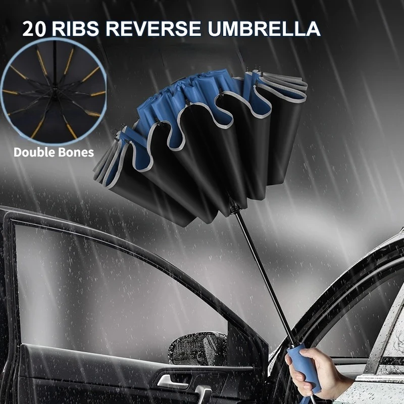 Herren- und Damen-Regenschirm Vollautomatischer Umkehr-Faltschirm mit Winddichtem Reflektorstreifen UV-Schutz Regenschirme Image