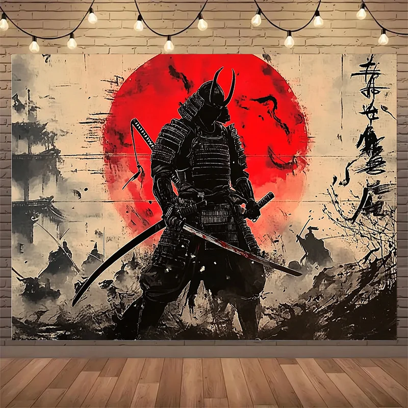 Japanischer Samurai und Rüstung, Polyester-Hintergrund, Wandteppich, Epic, einfarbig, Kampfszene, Heimdekoration, Wandteppich Image