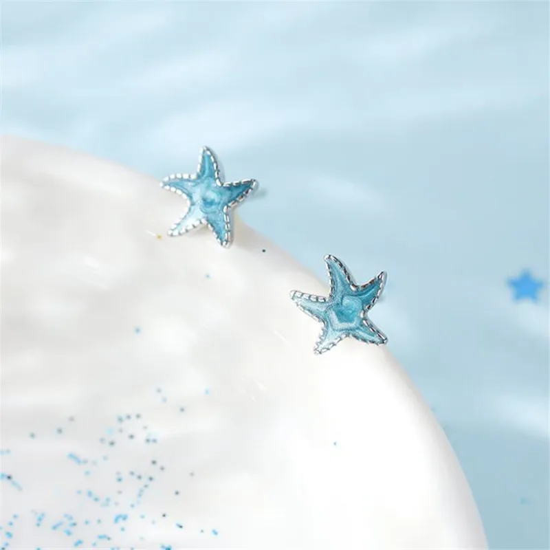Neue modische blaue Seestern-Ohrstecker aus 925er Sterlingsilber – Persönlicher, wilder und beliebter Küstenschmuck E133 Image