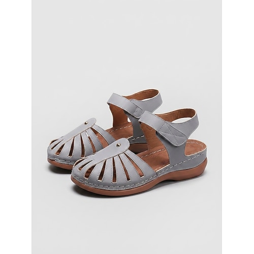 Graue, geschlossene Damen-Fischersandalen – bequeme, lässige Sandalen mit ausgeschnittenem Obermaterial verstellbares Klettband für Sommerausflüge, Spaziergänge und Reisen Image