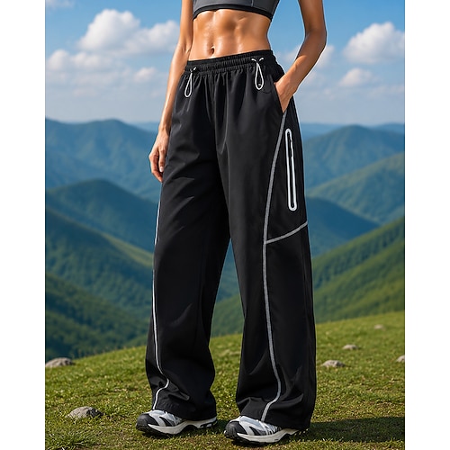 Damen Kampfhosen Cargohosen Wanderhosen Wasserdichte Hosen Sommer Frühling Herbst Außen Normale Passform Winddicht Schnelltrocknend Leicht Atmungsaktiv Hosen Reißverschlüsse Kordelzug Tasche Schwarz Image