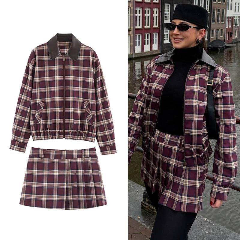 Frauen Plaid Mini Röcke Zwei Stück Sets 2023 Neue Chic Fashion Zipper Bomber Jacke frauen Anzüge Frühling Herbst Frau outfits Image