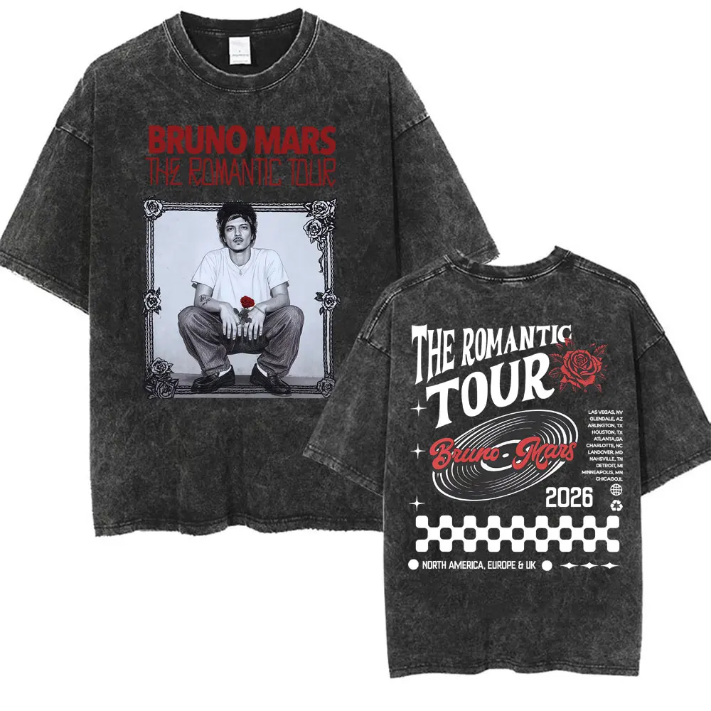 2026 Sommer Bruno Mars The Romantic Tour Vintage Washed T-Shirt Herrenmode Gothic 100% Baumwoll-T-Shirts