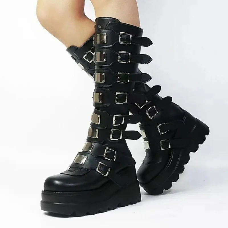 Damen Stiefel Plateau Langstiefel Sexy Punk Schwarze Motorradstiefel Runde Zehenkappe Kniehohe Stiefel Gothic Schuhe Metallschnalle Damenschuhe